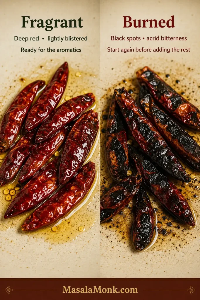 Deep-red lightly blistered dried chillies compared with scorched chillies showing blackened spots and burned edges.