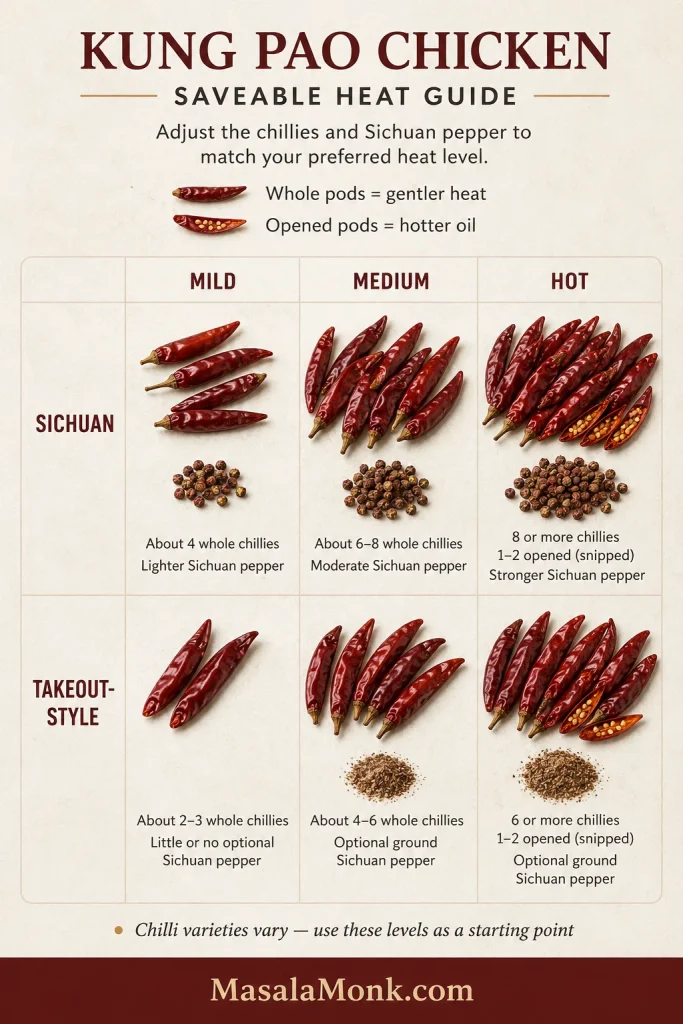 Heat guide comparing mild, medium and hot chilli levels for Sichuan and takeout-style Kung Pao chicken.