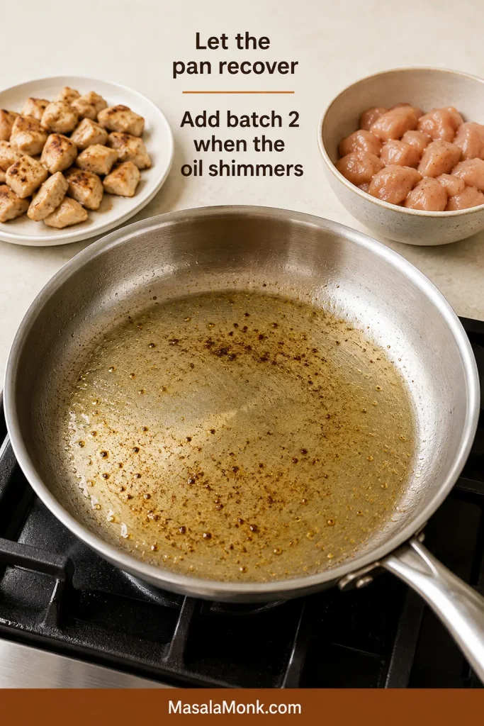 Empty stainless-steel skillet reheating between chicken batches, with browned chicken removed and raw chicken waiting nearby.