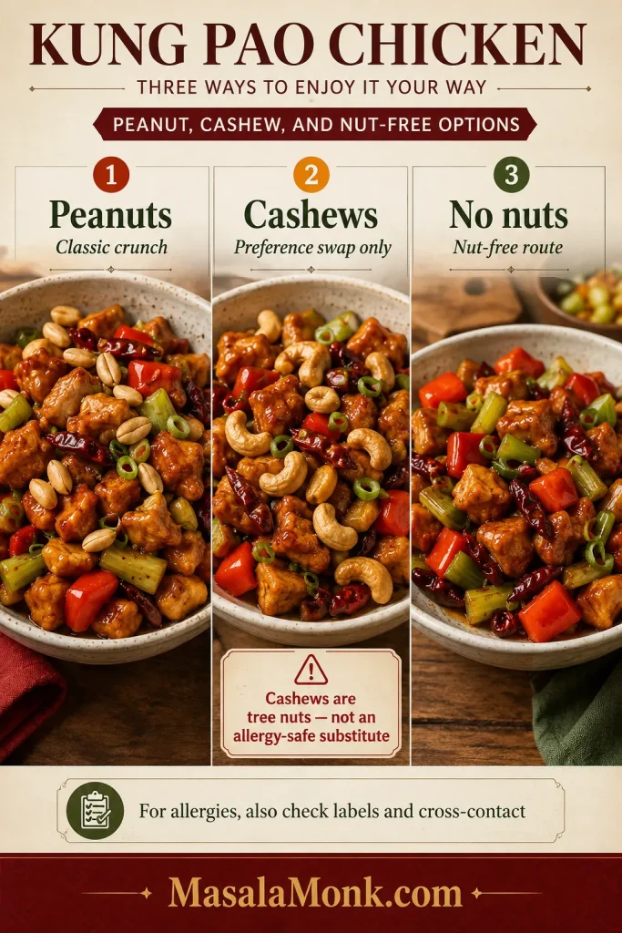 Kung Pao chicken shown with peanuts, with cashews, and without nuts in three separate serving options.
