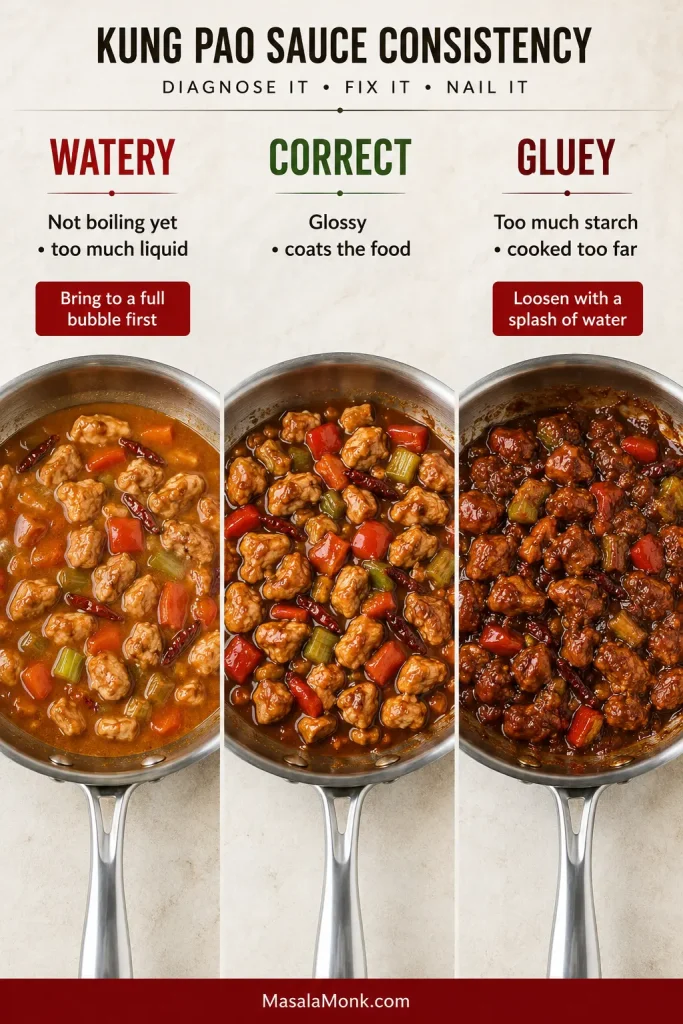 Three skillets showing watery Kung Pao sauce, correctly glossy sauce and overly thick gluey sauce.