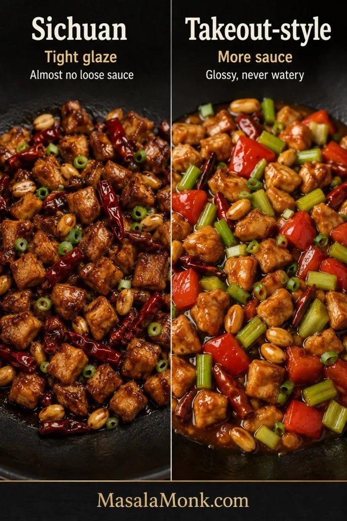 Sichuan Kung Pao with a tight glaze beside takeout-style Kung Pao with a more generous glossy sauce.