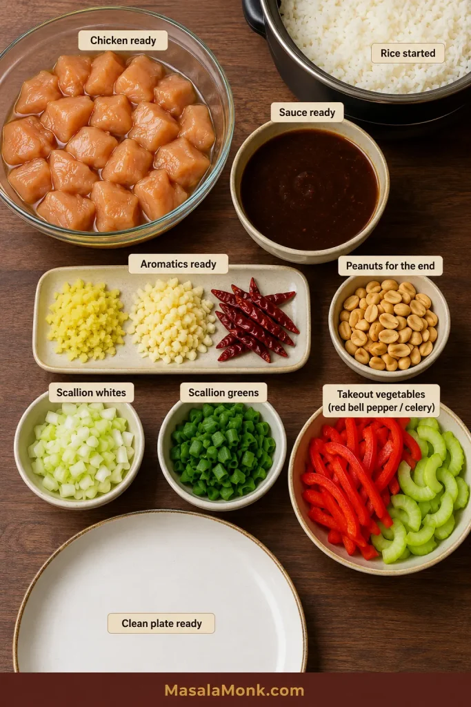 Prepared Kung Pao cooking station with marinated chicken, sauce, aromatics, peanuts and rice, plus red bell pepper and celery clearly labelled as takeout vegetables.