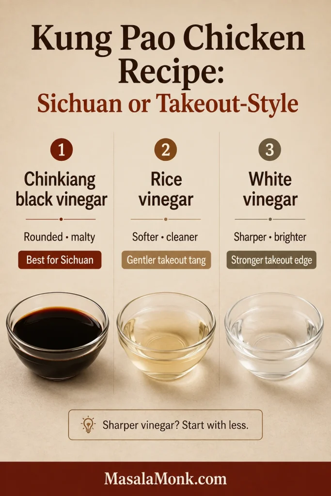 Dark Chinkiang vinegar, pale rice vinegar and clear distilled white vinegar shown side by side with flavour descriptions.