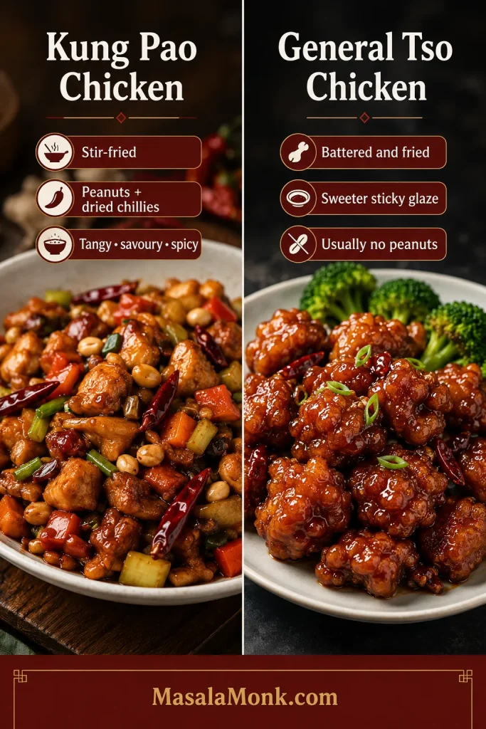 Stir-fried Kung Pao chicken with peanuts and dried chillies beside battered General Tso chicken in sticky sauce.