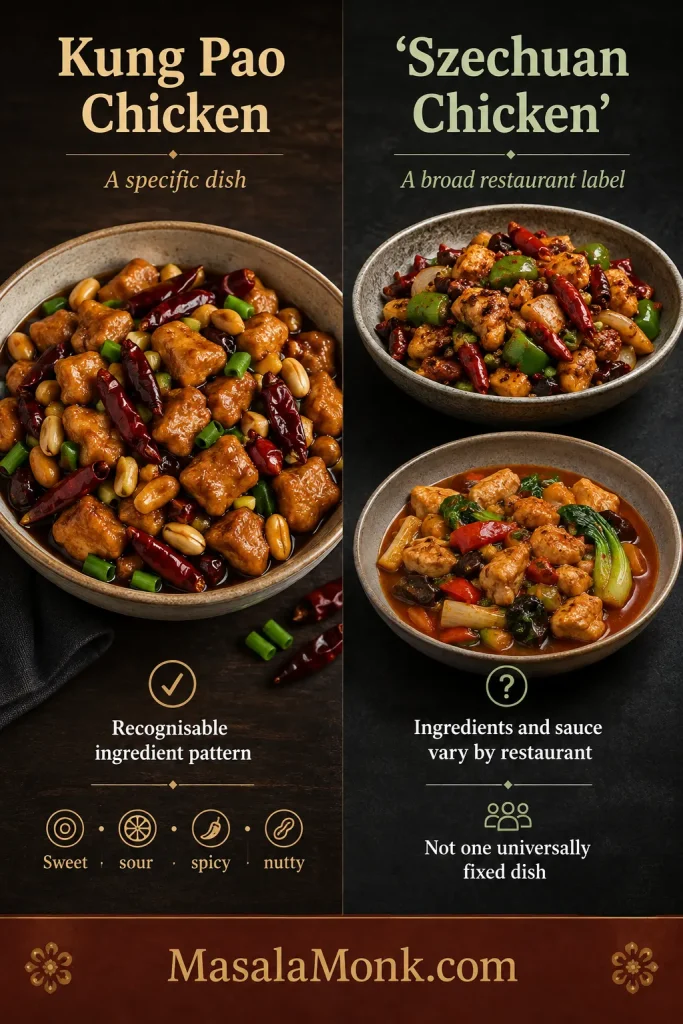 Defined Kung Pao chicken dish beside two different restaurant-style examples labeled Szechuan chicken.