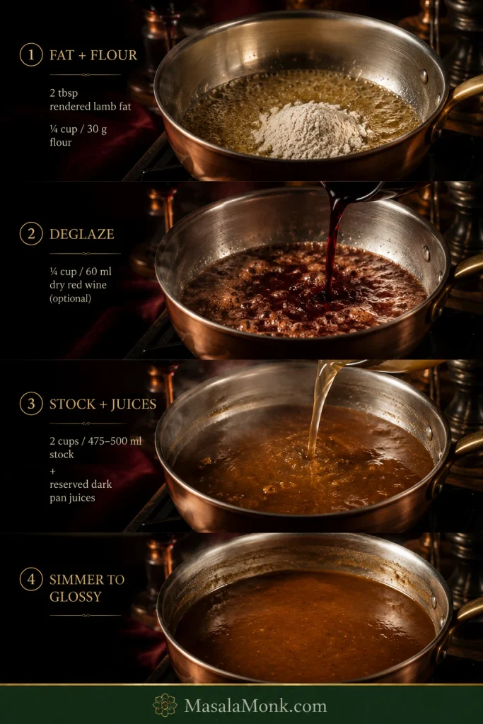 Four-stage lamb-gravy process showing flour in rendered fat, red-wine deglazing, stock and pan juices, and finished glossy gravy.