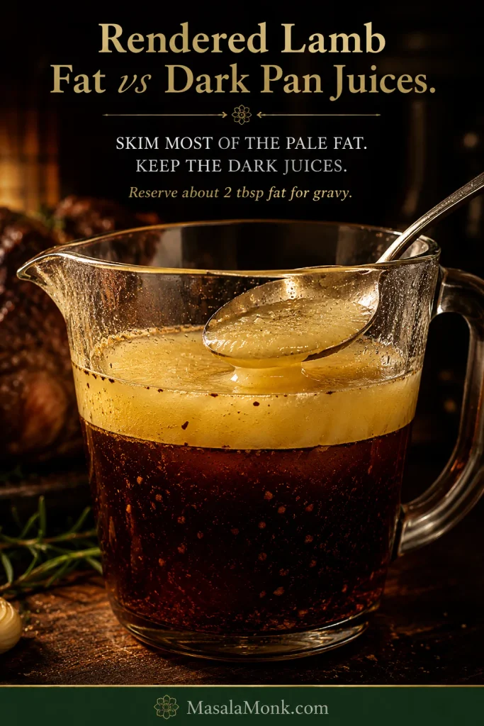 Glass jug of lamb pan drippings with pale rendered fat floating above dark meat juices while a spoon skims the surface.