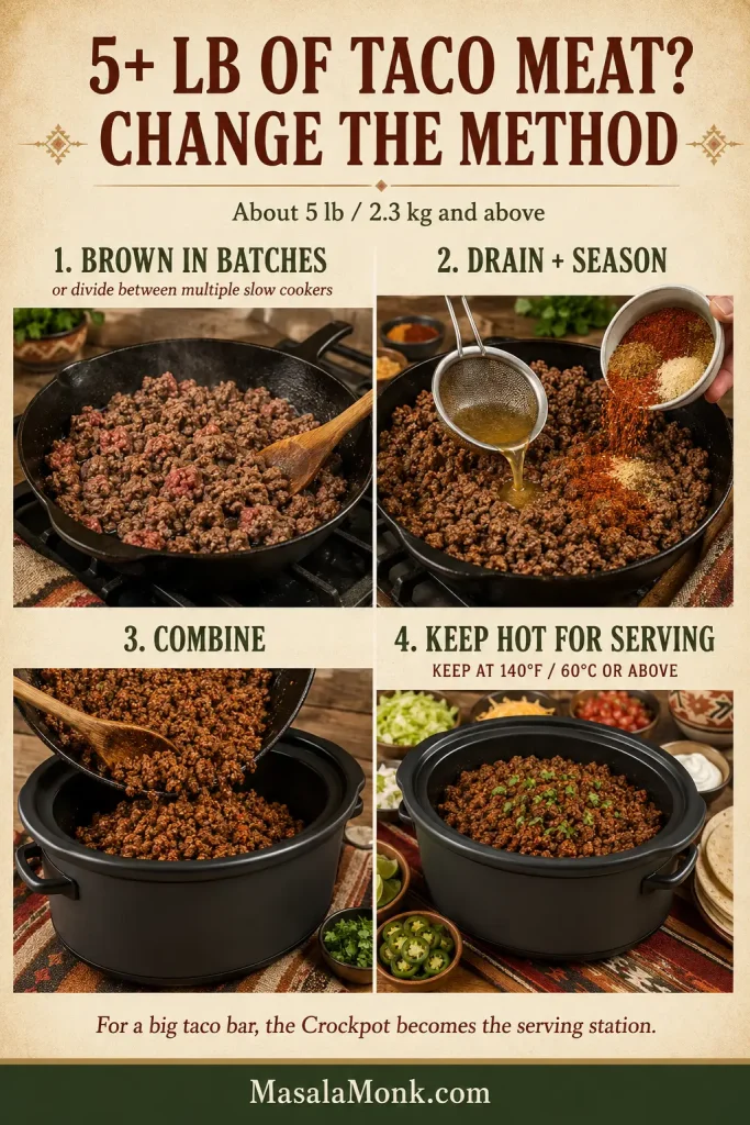 Four-step large-batch taco meat guide showing beef browned in batches, drained and seasoned, combined in an unbranded black slow cooker, then kept at 140 degrees Fahrenheit or above for serving.