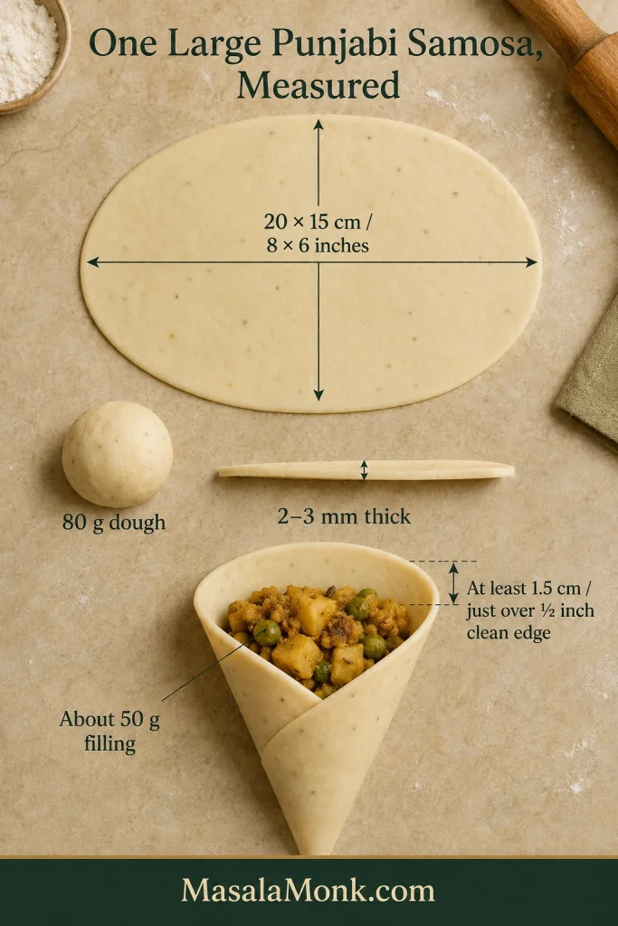 Measured Punjabi samosa assembly showing 80 g dough, a 20 × 15 cm rolled oval, 2–3 mm wrapper thickness, about 50 g filling and a clean 1.5 cm sealing margin.