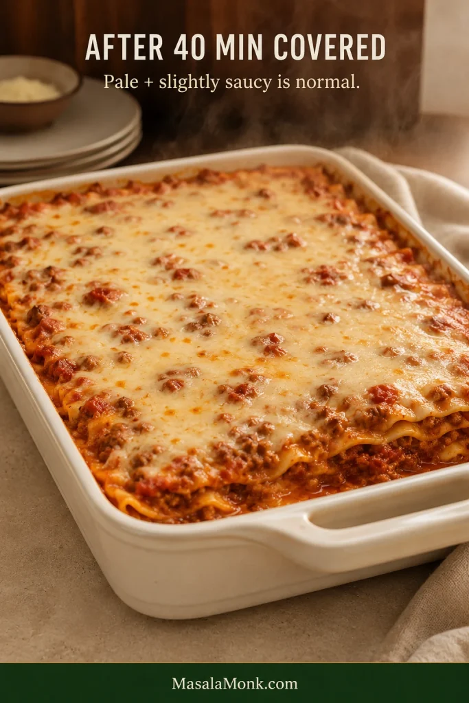 A lasagna immediately after its covered bake, with pale melted cheese, glossy sauce and bubbling edges before the final uncovered browning stage.