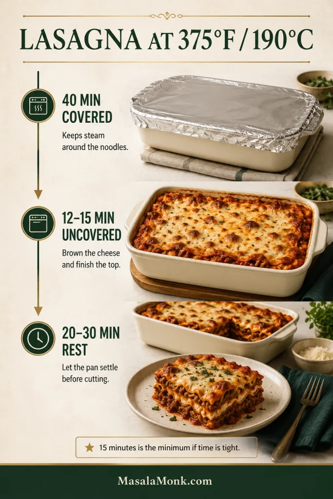 A lasagna timeline showing a covered bake, an uncovered browning stage and a resting period at 375°F or 190°C.