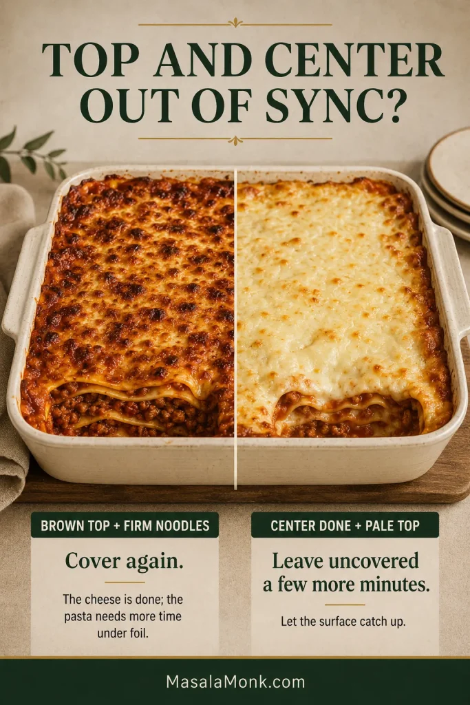 Two lasagna conditions compared: one with a deeply browned top but firm interior pasta and another with a pale top over a tender cooked center.