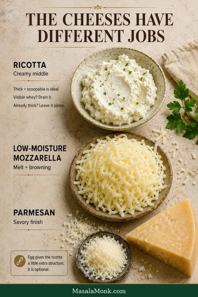 Ricotta filling, shredded low-moisture mozzarella and grated Parmesan displayed separately as the three cheeses used in the lasagna.