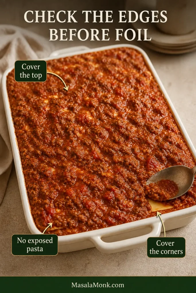 A spoon covering a small exposed pasta corner with meat sauce before an assembled lasagna is covered for baking.