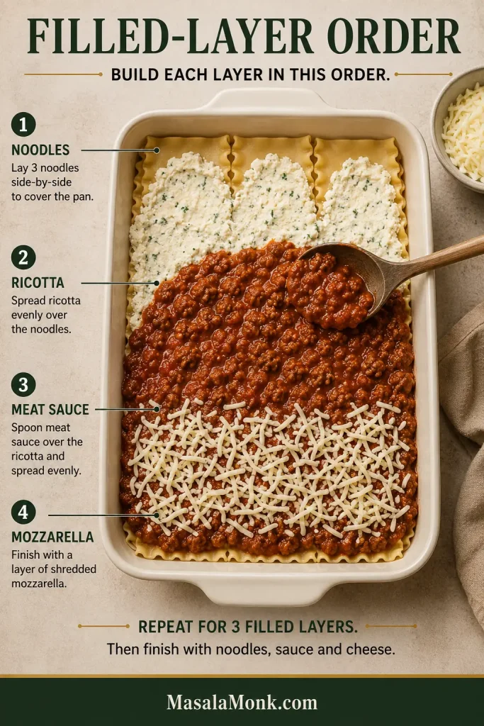An overhead lasagna pan showing noodles topped in sequence with ricotta, beef and sausage meat sauce, and shredded mozzarella.
