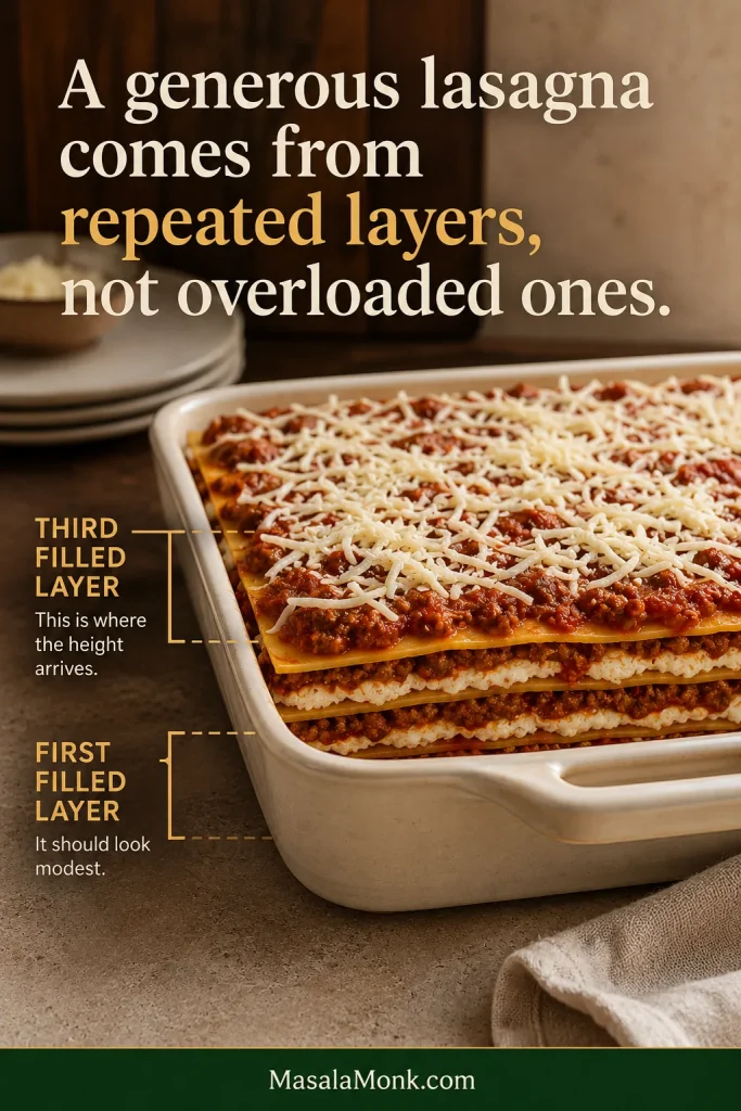 A deep lasagna pan during assembly showing a relatively modest first filled layer and the taller structure reached after three filled layers.