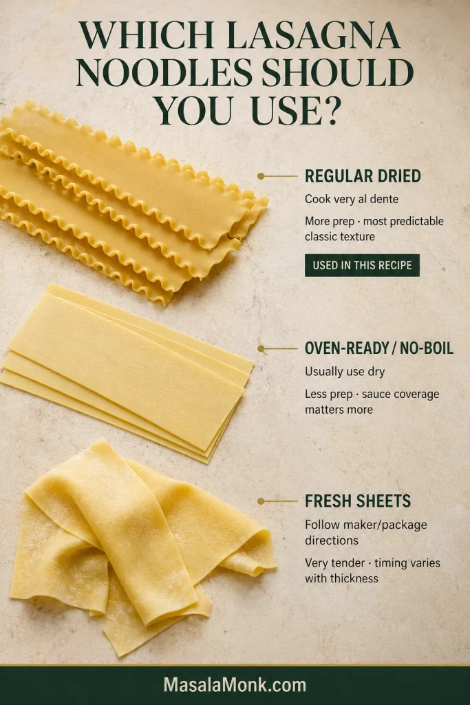 Regular ruffled dried lasagna noodles, flat oven-ready sheets and folded fresh pasta displayed side by side.