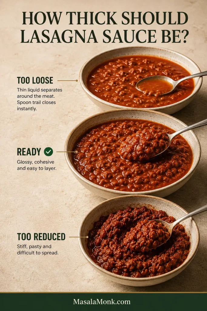 Three meat sauces compared side by side: thin and watery, glossy and spoonable, and very thick and over-reduced.