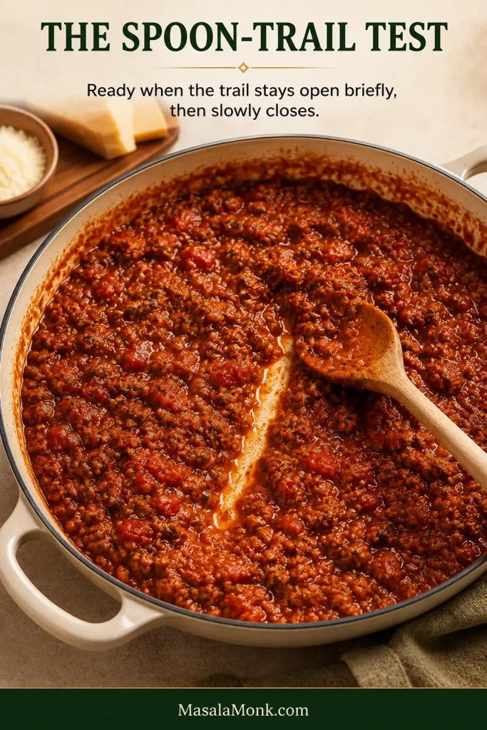 A spoon dragged through thick beef and sausage tomato sauce, leaving a visible trail that is slowly beginning to close.