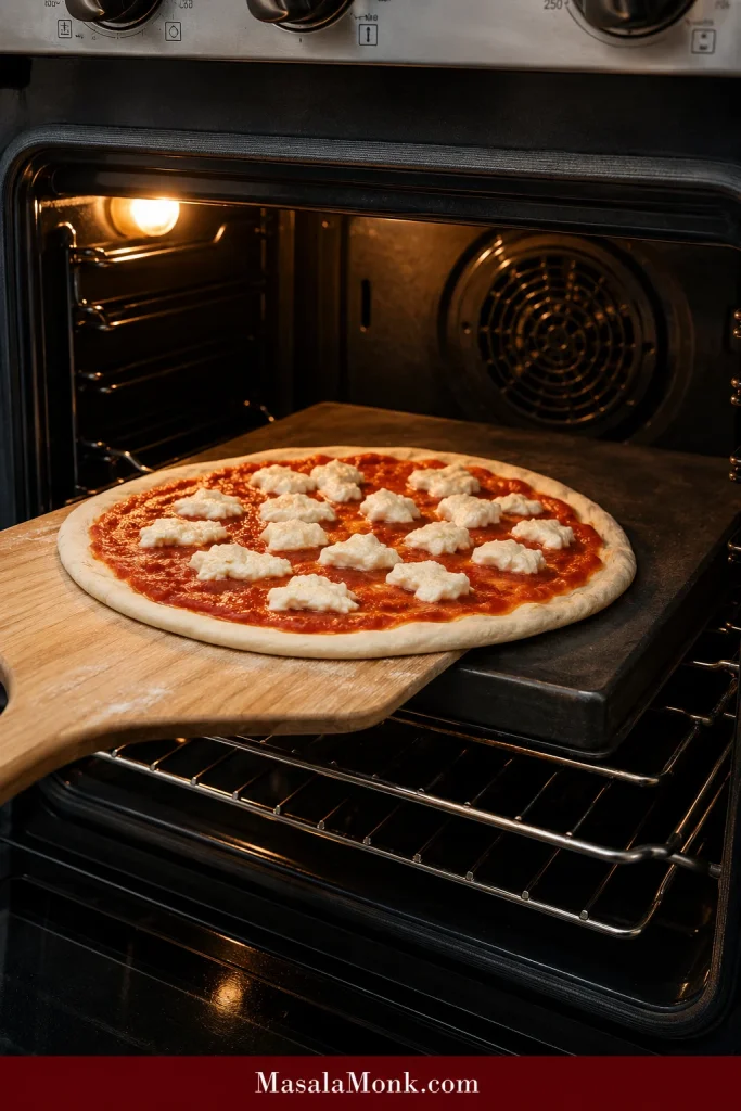 Raw Margherita pizza being transferred from a wooden peel onto the flat back of a hot inverted baking sheet in a domestic oven.