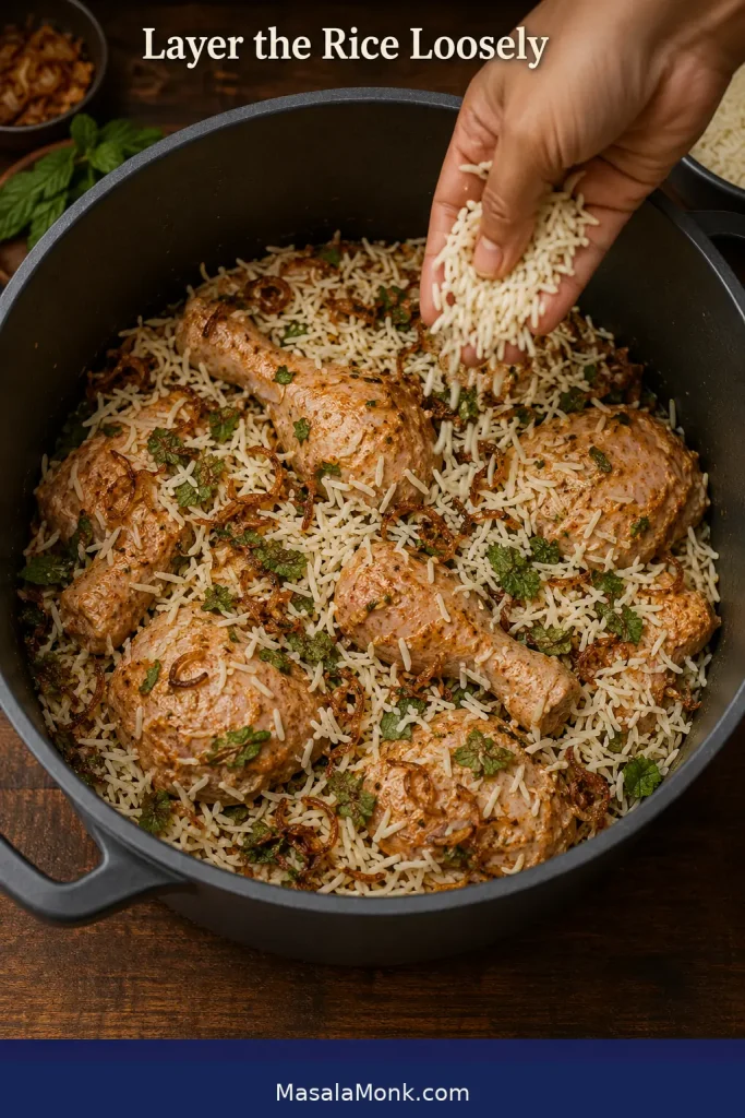 Hand scattering pale basmati loosely over raw marinated chicken with fried onions and herbs distributed between the grains.