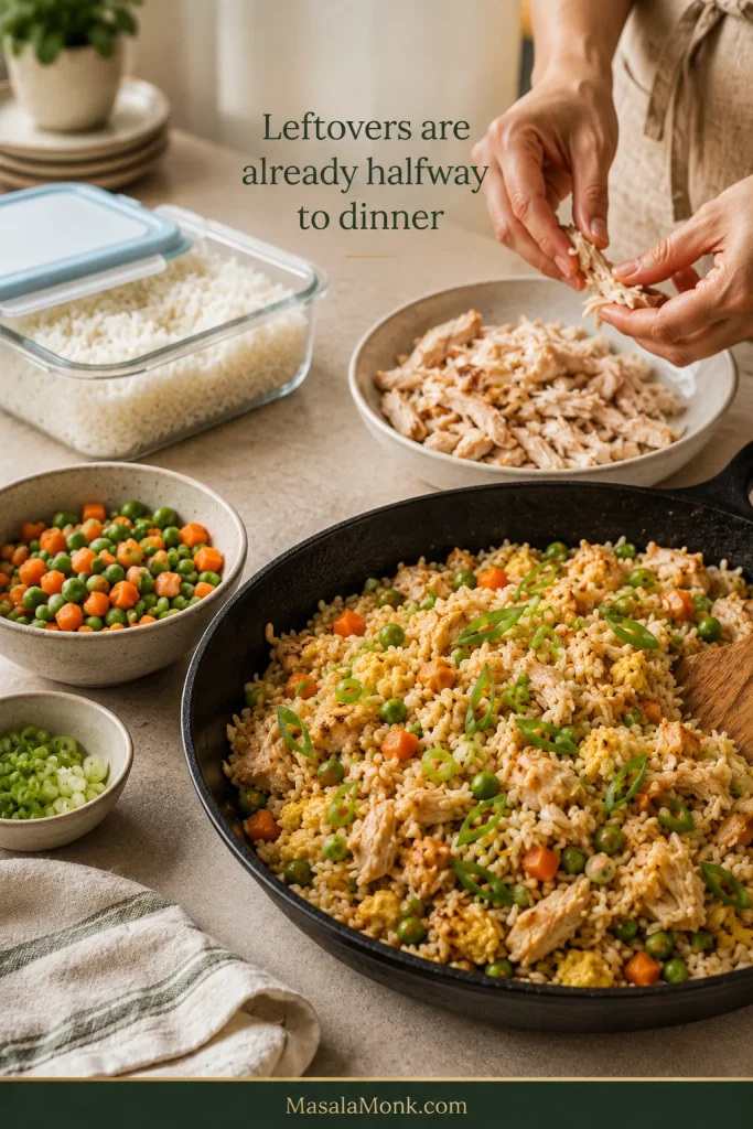 Cooked leftover chicken being shredded beside cold cooked rice and frozen peas and carrots, with finished fried rice nearby.