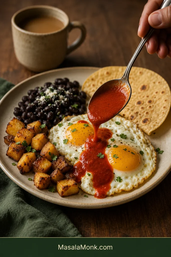 Hand spooning red enchilada sauce over fried eggs on a breakfast plate with crispy potatoes, black beans and a warm corn tortilla.