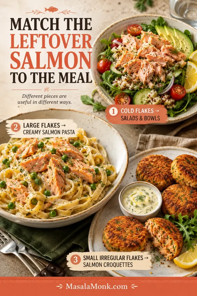 Three leftover salmon meals showing cold flakes in a fresh salad bowl, large flakes in creamy pasta with peas, and small salmon pieces made into golden croquettes.