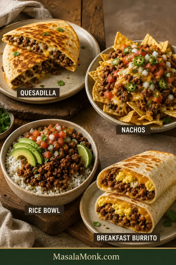 Four meals made with leftover taco meat: a browned beef-and-cheese quesadilla, ground beef nachos, a rice bowl topped with taco meat and avocado, and a breakfast burrito cut open to show beef, egg and cheese.