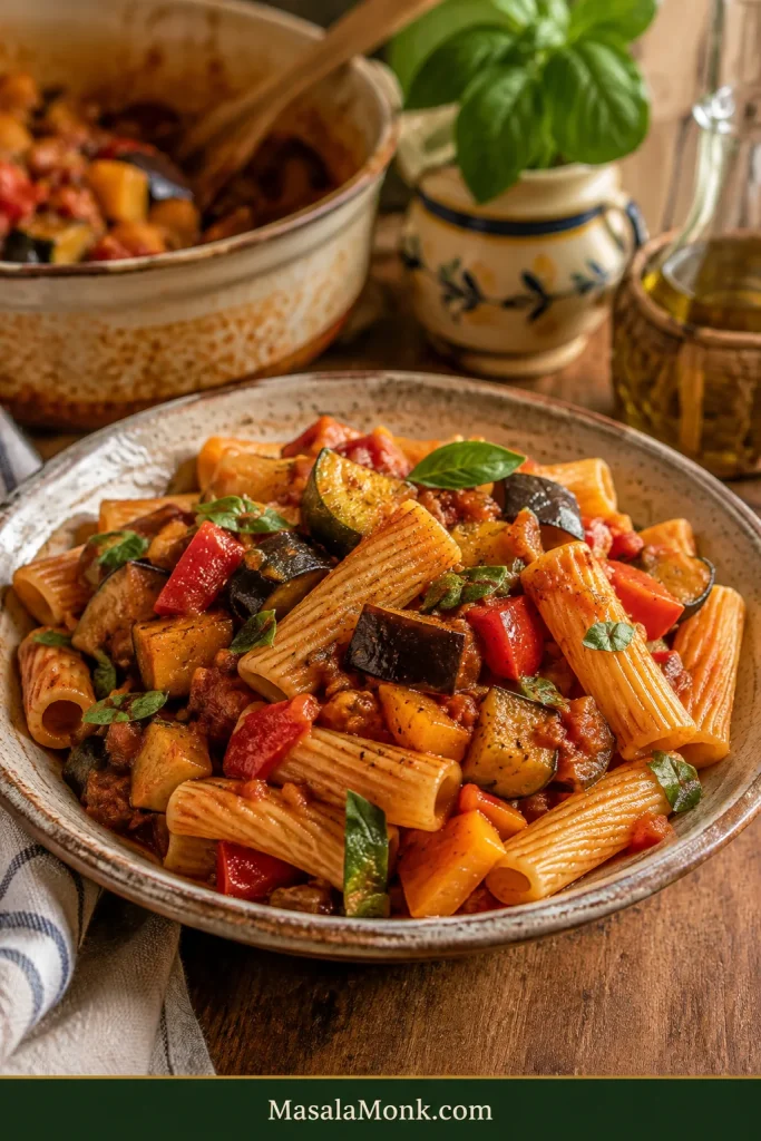 Rigatoni tossed with leftover ratatouille, with visible eggplant, zucchini and red and yellow peppers coated in tomato sauce and finished with basil.