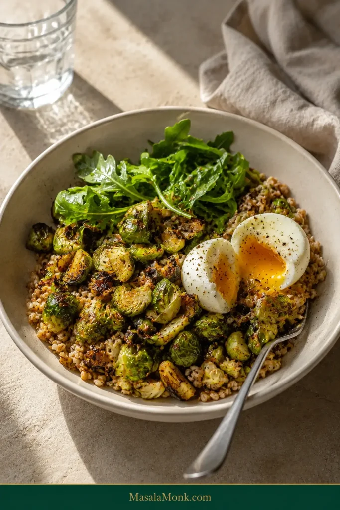 Grain bowl containing chopped roasted Brussels sprouts, cooked grains, leafy greens and a soft-boiled egg with a runny yolk.