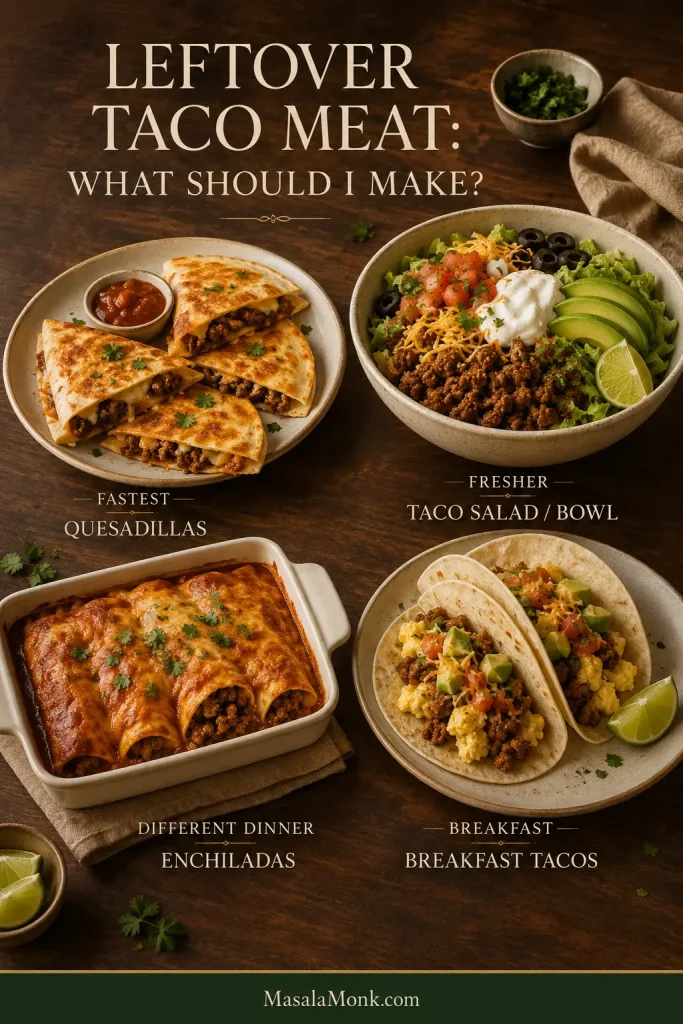 Warm tabletop spread showing four uses for leftover taco meat: beef quesadillas, a taco salad bowl, enchiladas with visible ground beef filling, and breakfast tacos with eggs and taco meat.