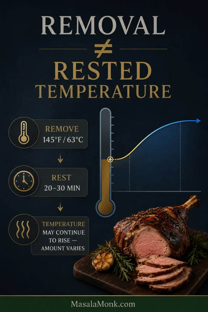 Graphic showing lamb removed at 145°F / 63°C, rested for 20–30 minutes and possibly continuing to rise in temperature.