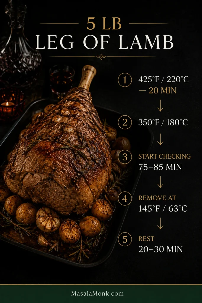 Cooking guide for a 5 lb bone-in leg of lamb showing the hot start, first-check window, removal temperature and resting time.