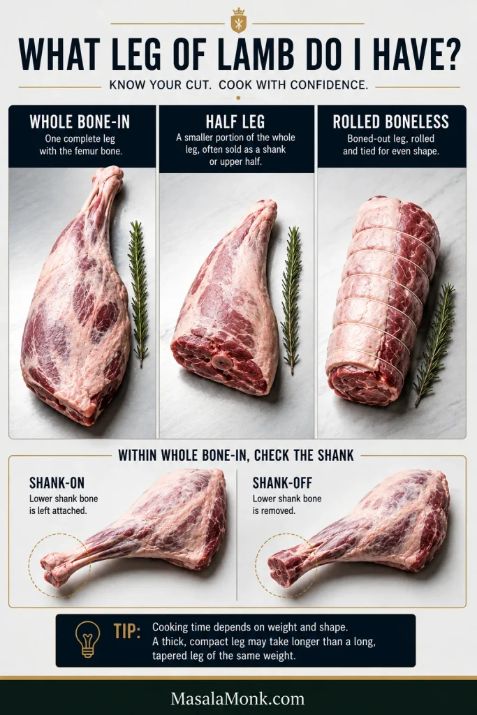 Butcher guide showing whole bone-in, half and rolled boneless leg of lamb, with a smaller shank-on versus shank-off comparison.