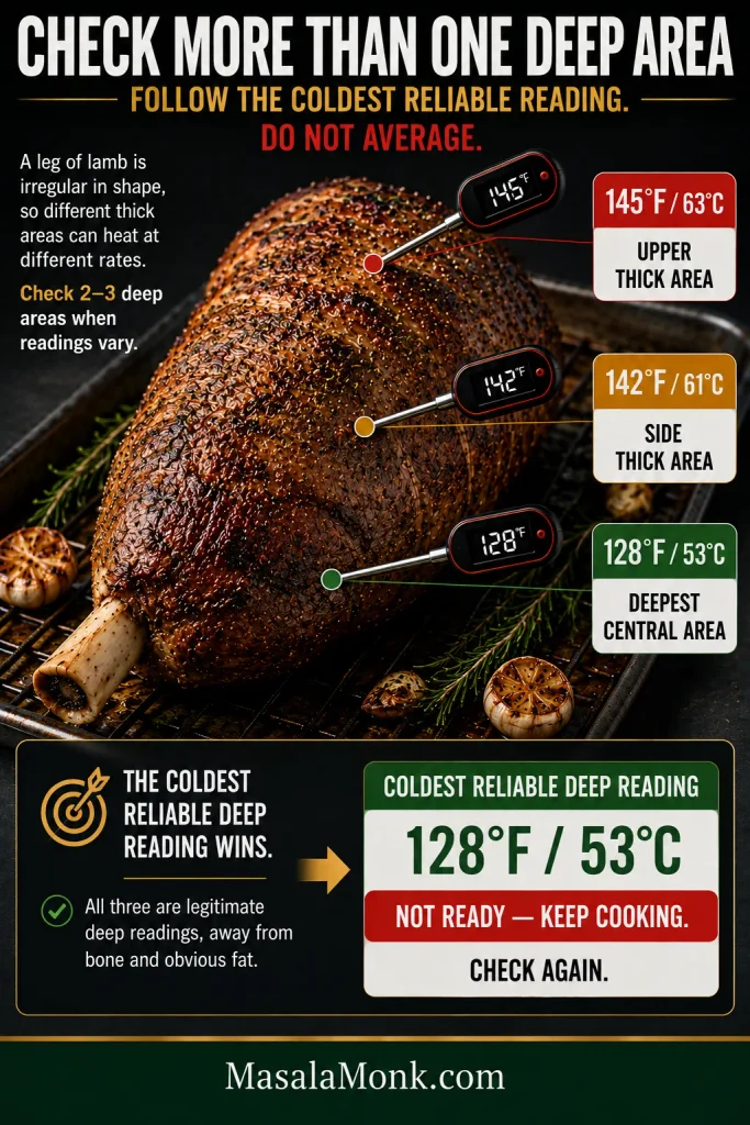 Whole roast leg with three deep readings of 145°F, 142°F and 128°F, with the coldest reading identified as not ready.