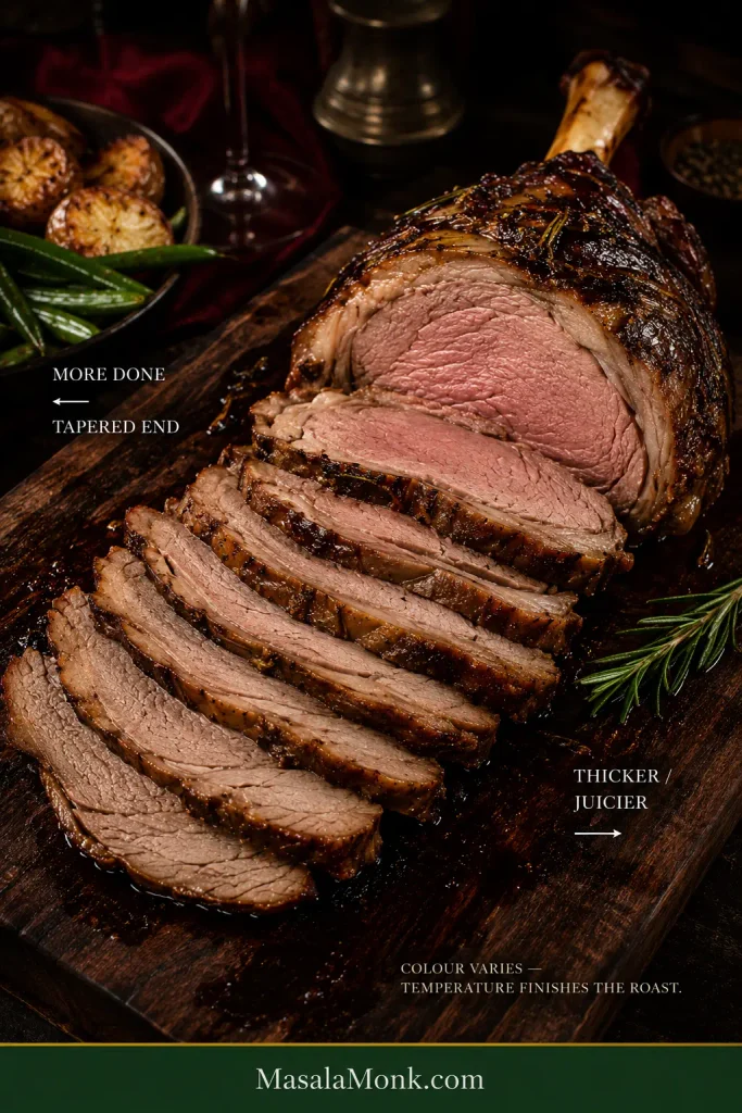 One roast leg sliced from its tapered end toward the thick centre, progressing from more-done slices to pinker, juicier meat.
