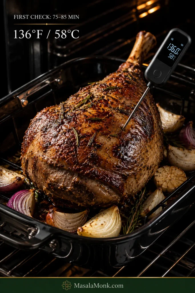 Whole leg of lamb in its roasting pan being checked with a thermometer reading 136°F / 58°C.