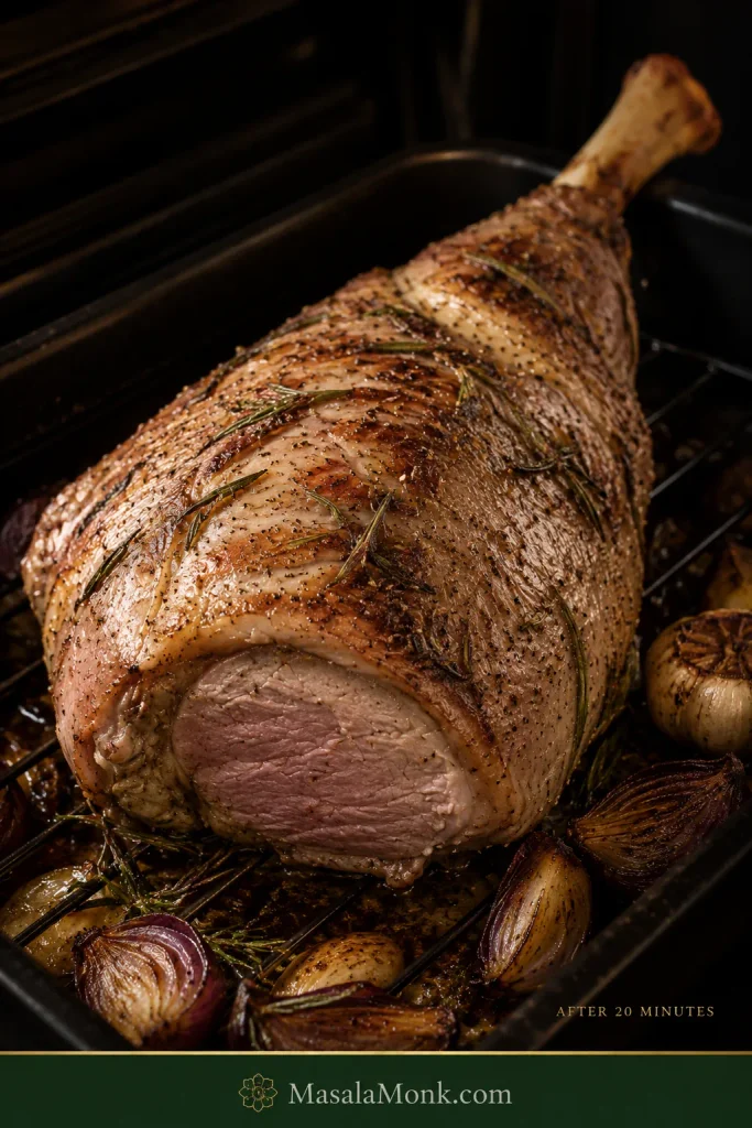 Leg of lamb after its initial hot roast, with early golden browning, lightly rendered fat and rosemary on the surface.