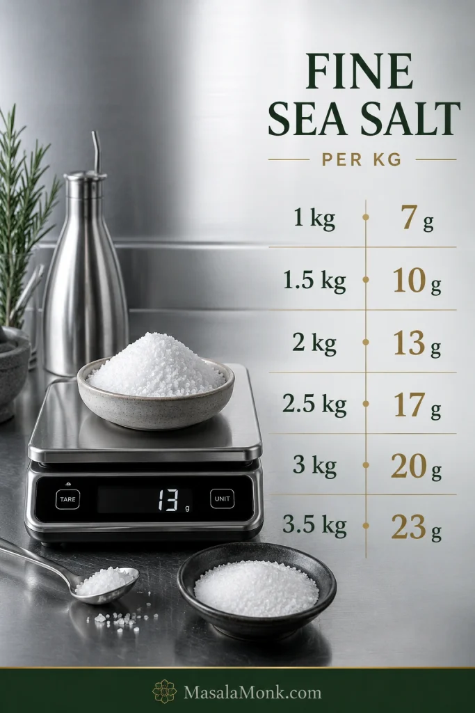 Salt-scaling guide for bone-in leg of lamb, with measured salt amounts increasing as roast weight increases.