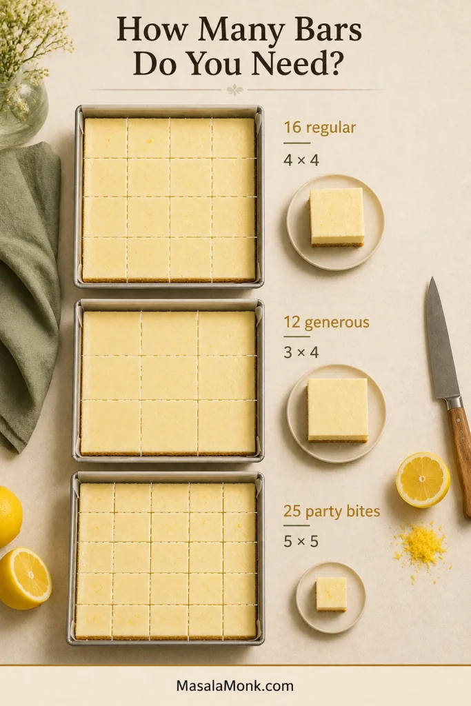 Three square slabs show cutting grids for 16 regular bars, 12 larger portions and 25 small party bites.
