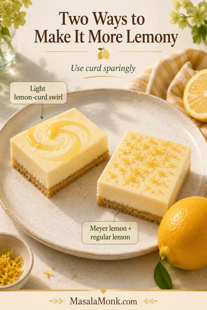 Two no-bake lemon bars are finished with a thin lemon-curd swirl and fine zest beside regular and Meyer-style lemons.