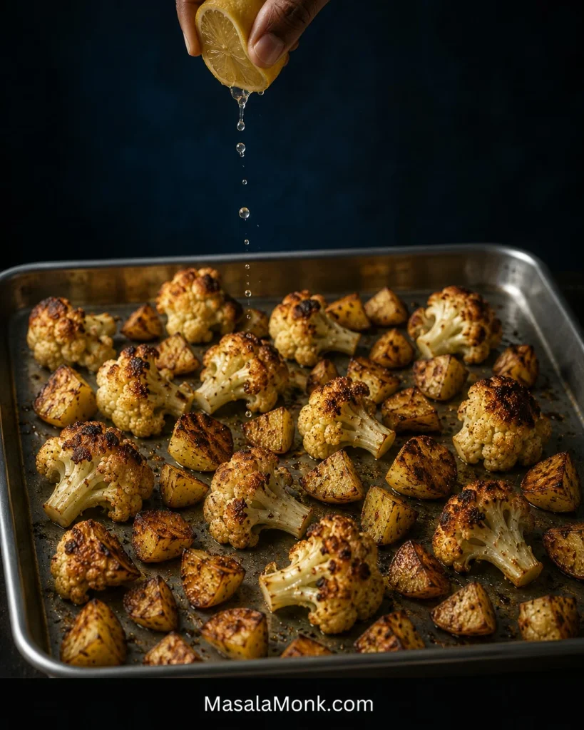 Fresh lemon being squeezed over a hot sheet pan of deeply roasted cauliflower florets and golden potato chunks.