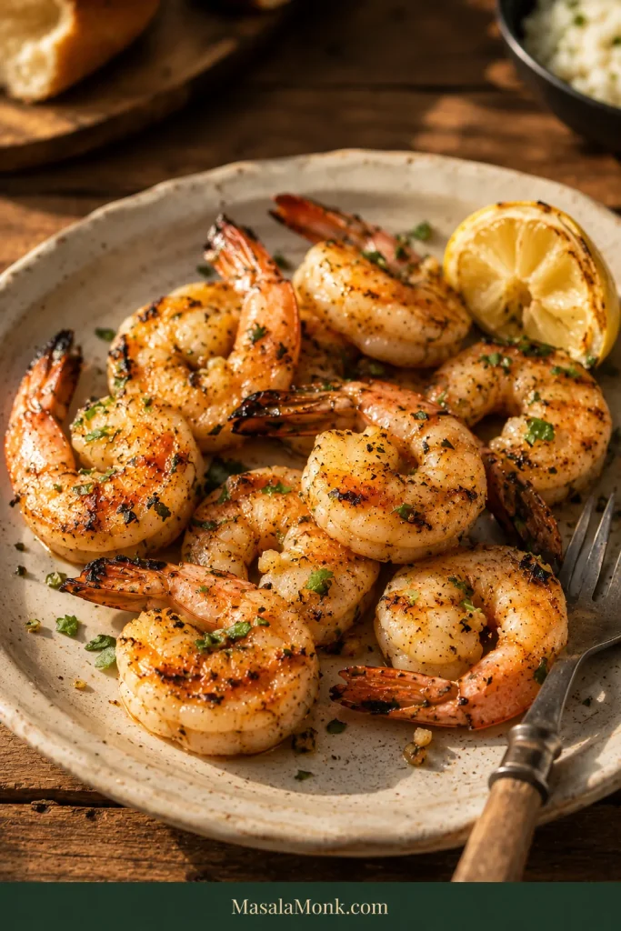 Dinner plate of grilled shrimp with light browning, lemon and a small amount of parsley on a rustic wooden table.