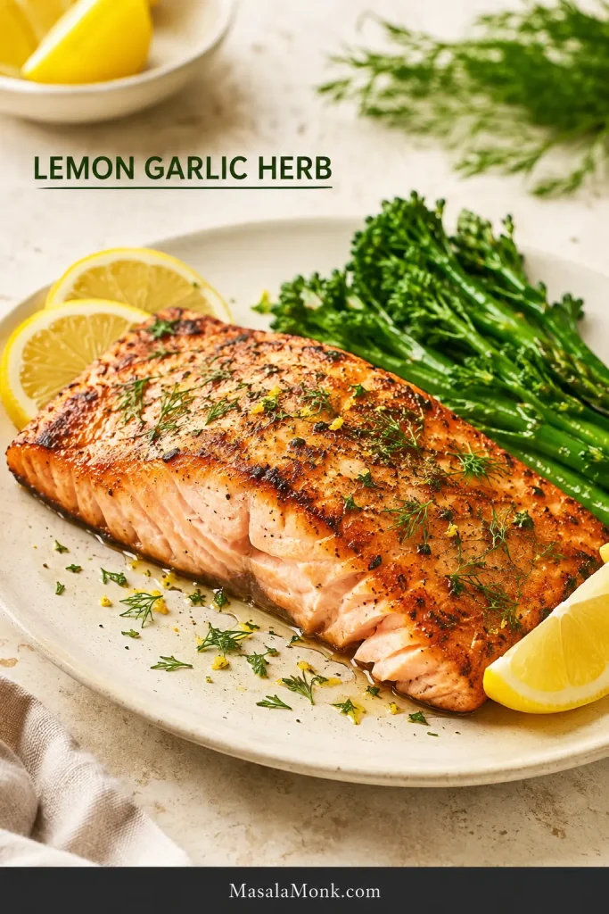 Finished grilled lemon garlic salmon on a light plate with fresh dill, lemon wedges and green vegetables.
