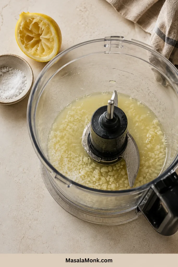 Chopped garlic resting in lemon juice and salt at the bottom of a clear food processor bowl.