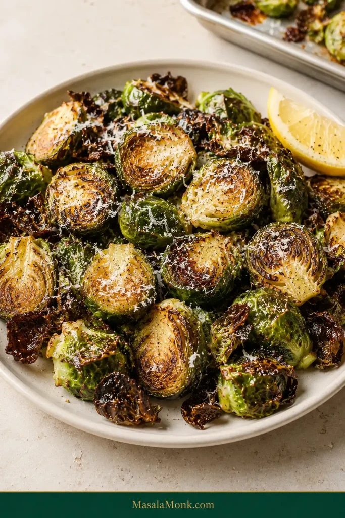 Plate of roasted Brussels sprouts lightly coated with finely grated Parmesan and served with fresh lemon.