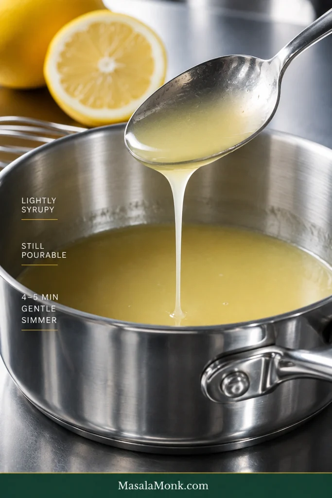 Pale yellow lemon sauce running in a thin ribbon from a spoon into a stainless steel saucepan.
