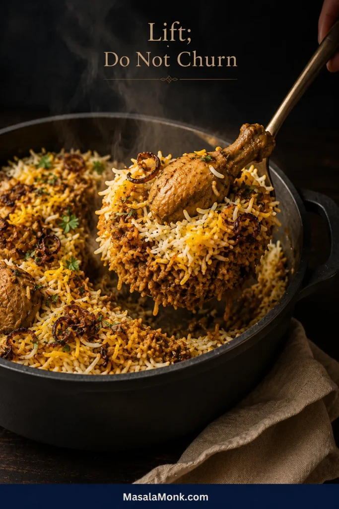 Broad spoon lifting loose layered chicken biryani from the pot’s side with separate pale, saffron and darker rice grains.